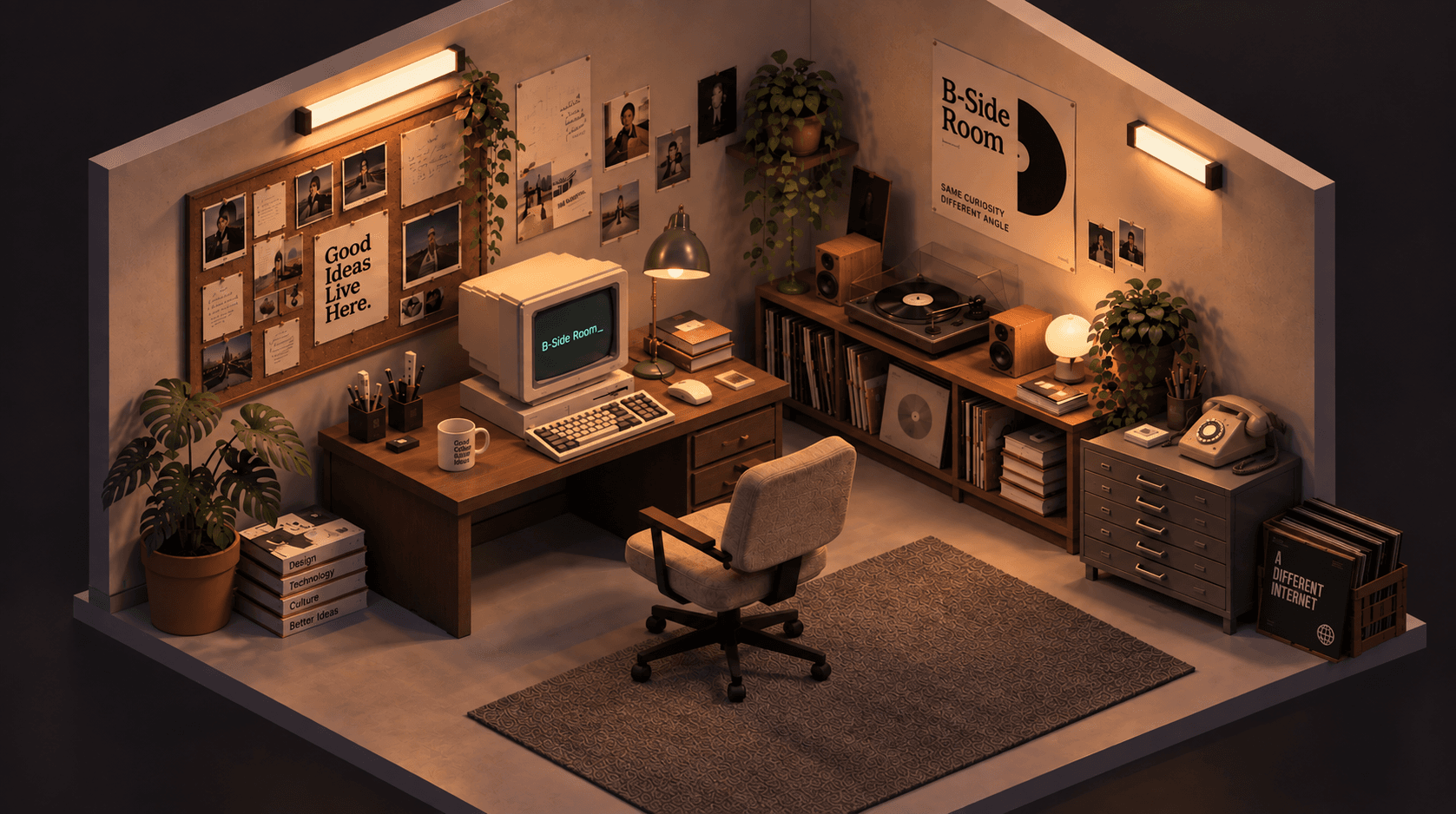 The B-Side Room studio — a retro CRT workstation on a wooden desk, a record shelf and a pinboard of prints, under warm wall lighting.